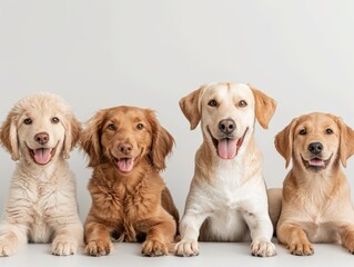 Four adorable dogs sitting in a row against a plain background, showcasing their happy expressions and different breeds.