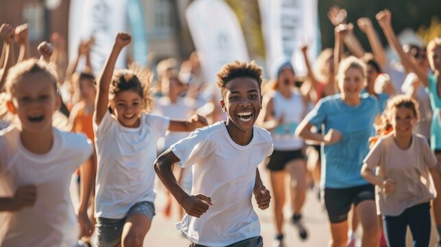 A charity run event with participants of all ages running, cheering supporters, and banners promoting the cause