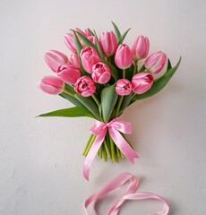 Beautiful bouquet of pink tulips for a wedding, the bouquet is tied with pink ribbons, white background, festive bouquet