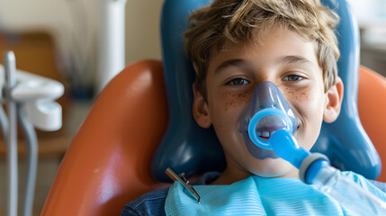 
A Young Boy Comfortably Seated in a Dental Chair Wearing a Nitrous Oxide Mask Smiling with Eyes Full of Trust
