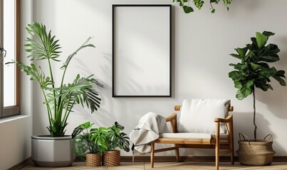 Poster mock up with wooden frame and plant on white wall with sunbeam and shadow on home interior background. Products overlay template.