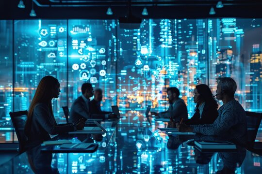 Futuristic business meeting in a high-tech office with cityscape and digital overlay, professionals discussing data and technology trends. - Powered by Adobe
