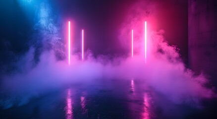 Neon Lights & Fog in Dark Room Background