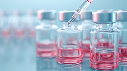 A row of pink vials with a syringe in the middle