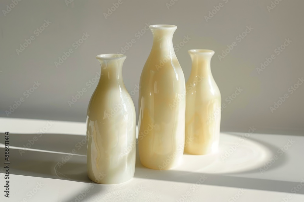 Poster three modern vases of different sizes standing on white surface with shadows