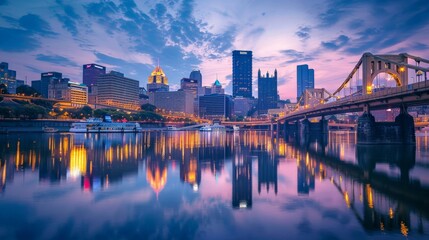 Naklejka premium A city skyline reflected in a river, with boats and waterfront activities adding to the lively scene