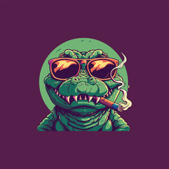 vector illustration of a crocodile smoking in the style of a mafia