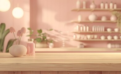 Pastel Pink Interior Mockup with Wooden Tabletop