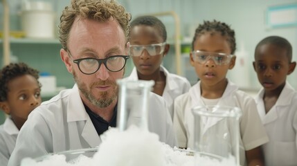 Fototapeta premium A man in a lab coat is looking at a group of children