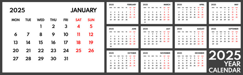 2025 year monthly office planner, calendar starts monday, two red weekends, white background