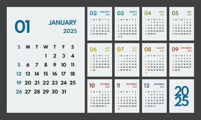 2025 year monthly office planner, calendar starts sunday, colorful weekends, white background
