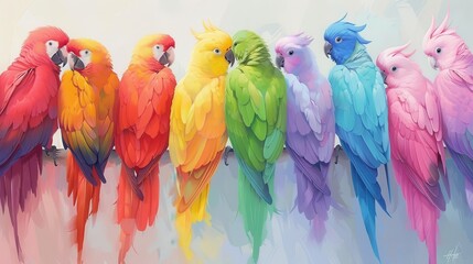 Obraz premium A colorful group of parrots are sitting on a ledge