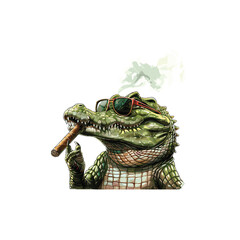 vector illustration of a crocodile smoking in the style of a mafia