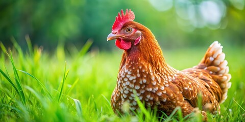 Red-speckled chicken foraging in grass, close up of hen looking into camera, Chicken, Red-speckled, Foraging, Grass, Garden, Close-up