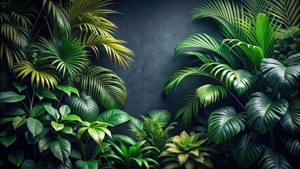 Lush tropical rainforest foliage plants and bushes against a dark background, tropical, rainforest, foliage, plants, bushes