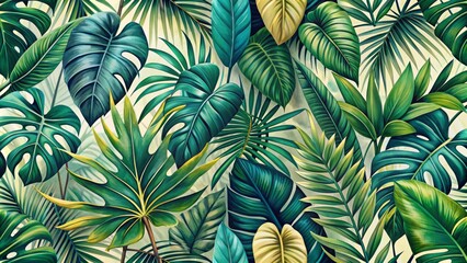 Vibrant tropical botanical illustration featuring palm leaves, monstera, colocasia, banana, and lush rainforest foliage in seamless repeating pattern.