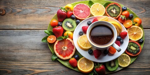 Cup of coffee adorned with fresh fruit slices , coffee, cup, drink, fruit, slice, orange, apple, kiwi, strawberry - Powered by Adobe
