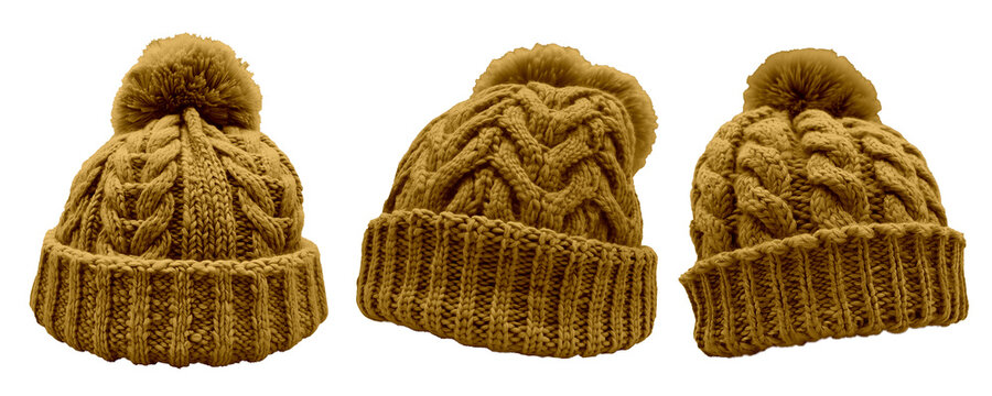 Set of light brown pom pom ball knit knitted woven cuffed wool ribbed beanie hat, front and flat lay view on transparent cutout PNG file. Mockup template for artwork design