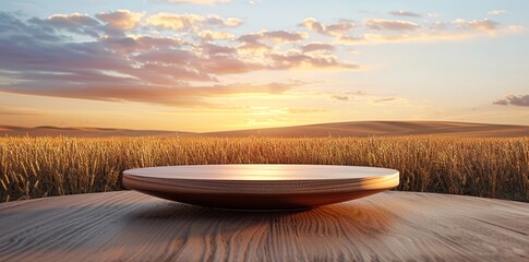 Versatile Wooden Platform in Golden Wheat Field at Sunset: Ideal for Product Displays, Nature-Themed Projects, and Marketing Campaigns.