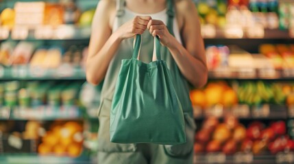 A shopper using a reusable bag while selecting items from the grocery shelves, with copy space.
