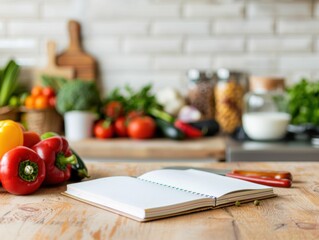 A meal planning notebook open on a rustic kitchen counter, surrounded by fresh vegetables and kitchen essentials, ready for cooking inspiration