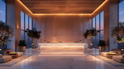 Elegant minimalist hotel reception area featuring a sleek white desk and soft seating arrangements. The space is highlighted by large windows offering panoramic views of the city skyline. 