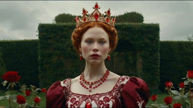 A painting of a queen with red hair and a ruby crown. She wears a striking burgundy gown with heart and rose motifs. The queen stands in a garden with a bush of painted red roses