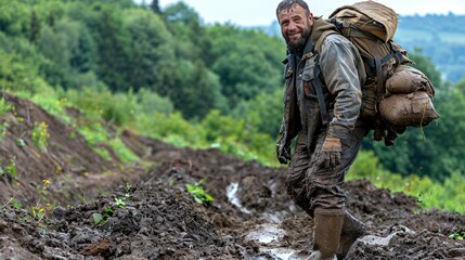 Hiker on a muddy summit their clothes dirty but their expression one of achievement and pride Stock Photo with copy space