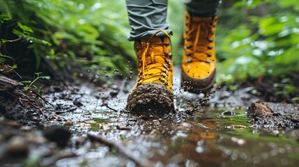Person walking through a muddy path with determination mud splattering on their shoes Stock Photo with copy space