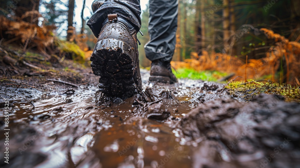 Poster person in rain gear navigating a muddy trail with determination and persistence stock photo with cop