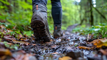 Fototapeta premium Climber ascending a muddy hillside using both hands and feet to gain traction Stock Photo with copy space