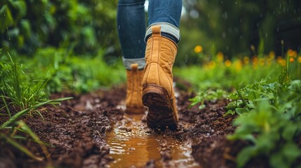 Fototapeta premium Person in outdoor gear walking through a muddy field with unwavering resolve Stock Photo with copy space