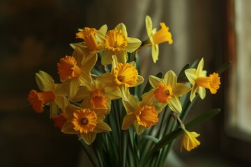 Bouquet of yellow narcissus flowers standing in a vase by the window, simple home decoration
