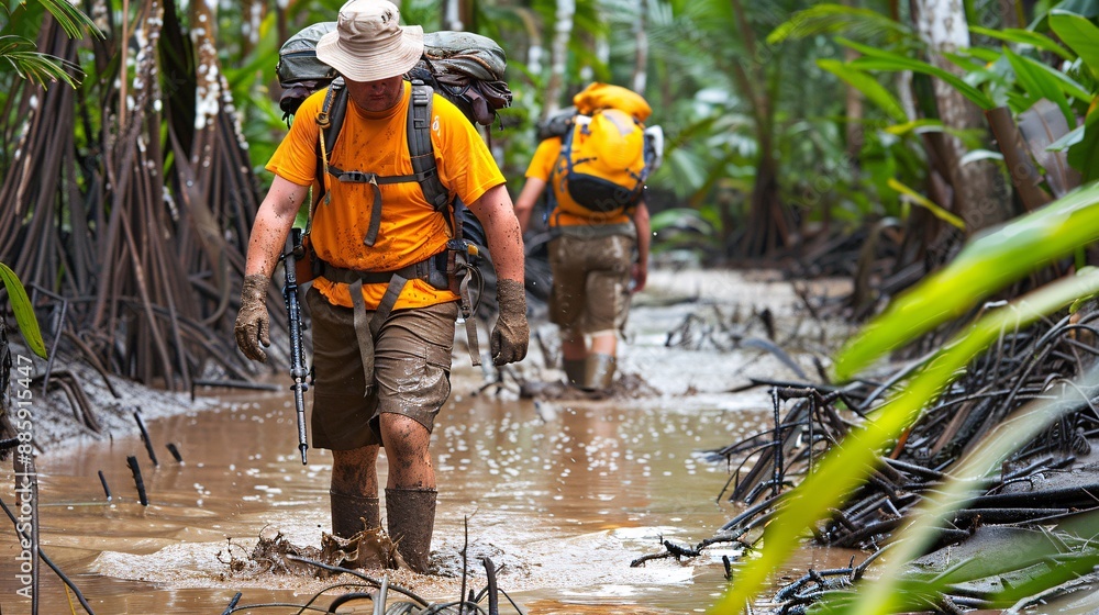 Poster individual walking through a dense muddy forest their face set with determination stock photo with c