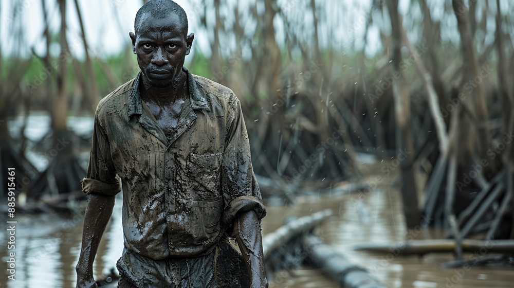 Poster individual walking through a dense muddy forest their face set with determination stock photo with c