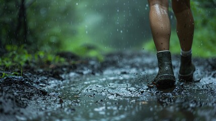 Person walking through a muddy trail in a rainstorm their clothes soaked and muddy Stock Photo with copy space