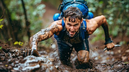 Climber pulling themselves up a muddy mountain their hands and clothes streaked with mud Stock Photo with copy space