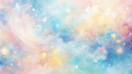 Soft, whimsical, and dreamy watercolor pastel background featuring delicate, swirling aquarelle stains in shades of pale pink, blue, and yellow.