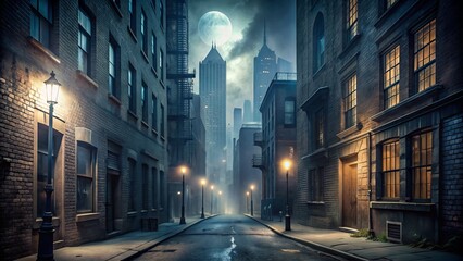 Dark and mysterious fog-shrouded alleyway lined with towering city buildings and deserted streets under a moonless urban night sky.