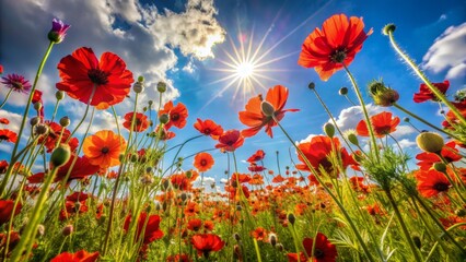 Fototapeta premium Vibrant red wildflowers stretch towards the sky, swaying gently in the breeze, amidst a warm sun-kissed summer landscape backdrop.