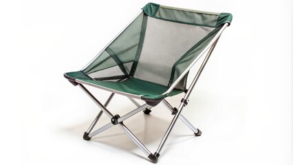 A solitary, compact, portable, aluminum-framed camping chair with nylon mesh seat and backrest, folded neatly, on a pure white background.