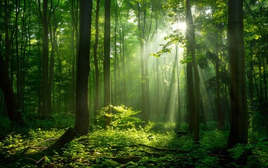 Obraz premium Sunbeams Through Lush Green Forest