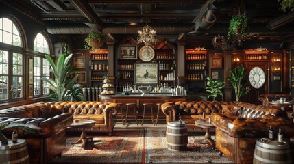 A gentleman's club-themed coffee shop with Chesterfield sofas