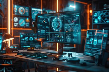 Futuristic workspace with multiple computer screens displaying digital data and technology interfaces in a dimly lit room.