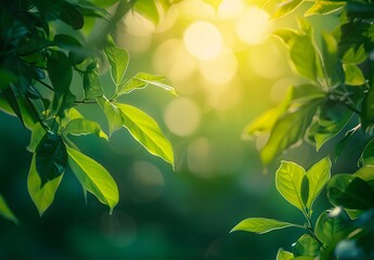 Obraz premium Sunlight Through Green Leaves Bokeh Background