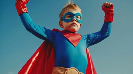 A child playing dress-up, wearing a superhero costume and striking a heroic pose
