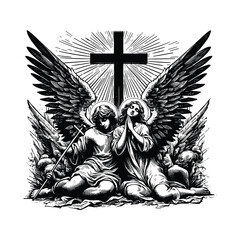 Obraz premium Angelic Intercession, Visualize angels praying for humanity beneath the cross