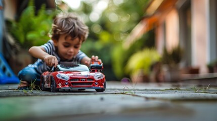 A child playing with a remote-controlled car on a driveway, maneuvering it with skill and joy