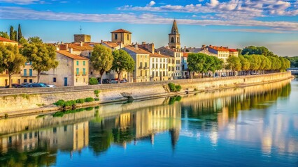 Naklejka premium Scenic view of the quays along the Rh?ne river in Arles, France, Arles, quays, Rh?ne river, France, scenic