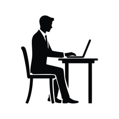 Elegant Business Professional Using Laptop Silhouette Vector for Office Designs, Corporate Branding, and Workplace Graphics